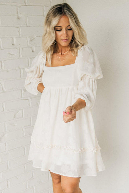 White Jacquard Square Neck Bubble Sleeve Dress