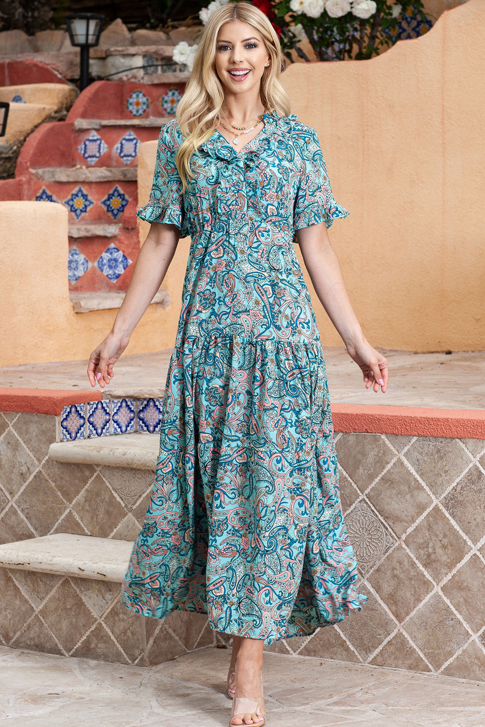 Paisley Print Split V Neck Tiered Boho Maxi Dress