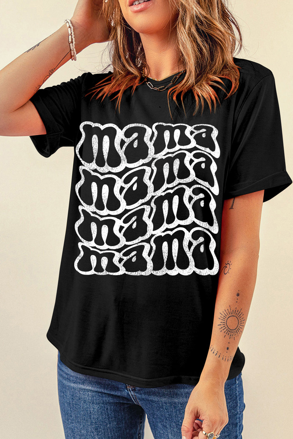 Black Casual mama Letter Graphic Round Neck T Shirt