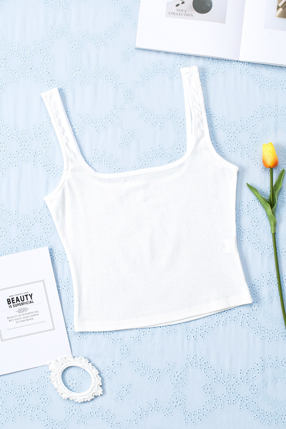 Plain White Slim Fit Square Neck Cropped Tank Top