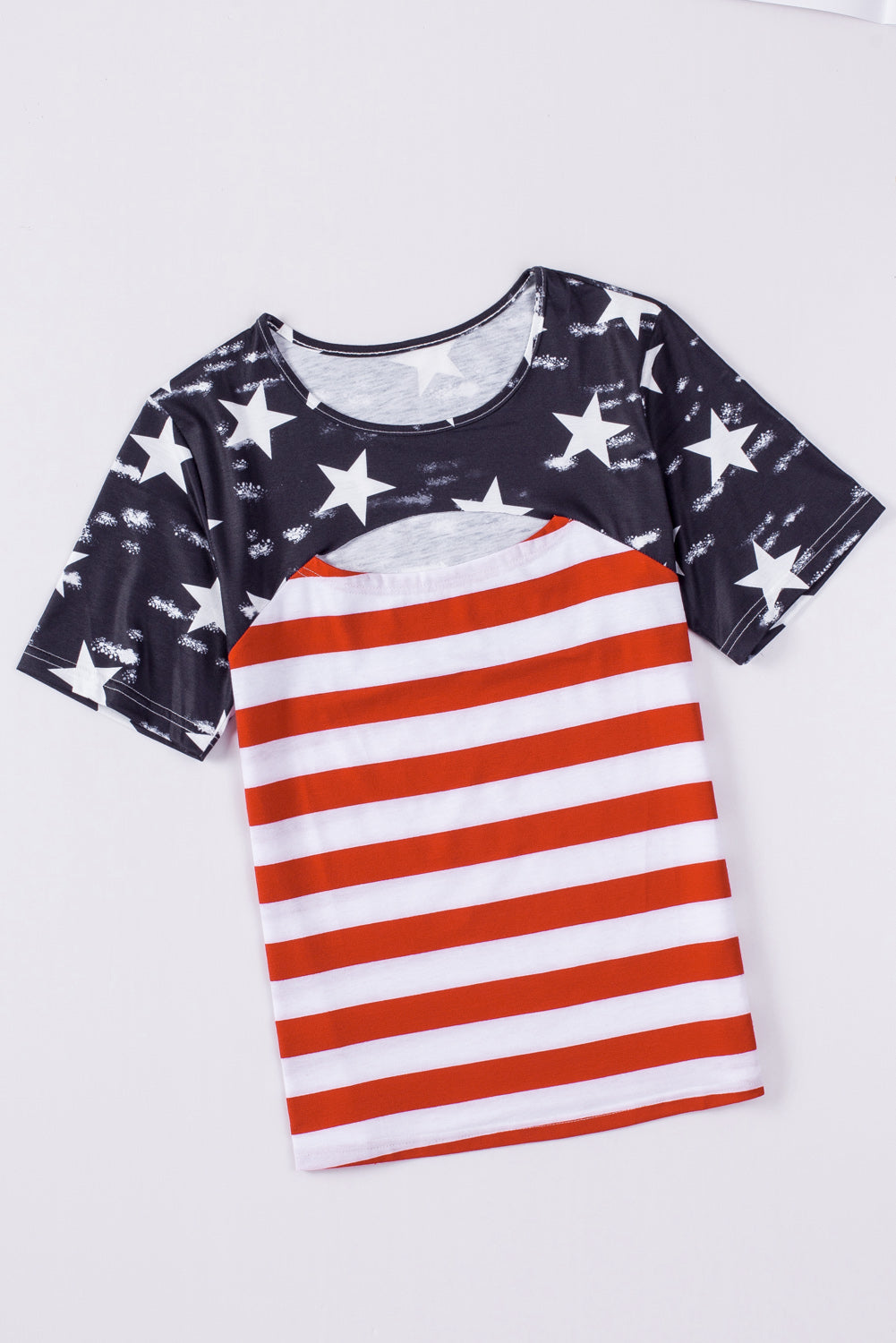 American Flag Cut Out Short Sleeve Crew Neck T Shirt