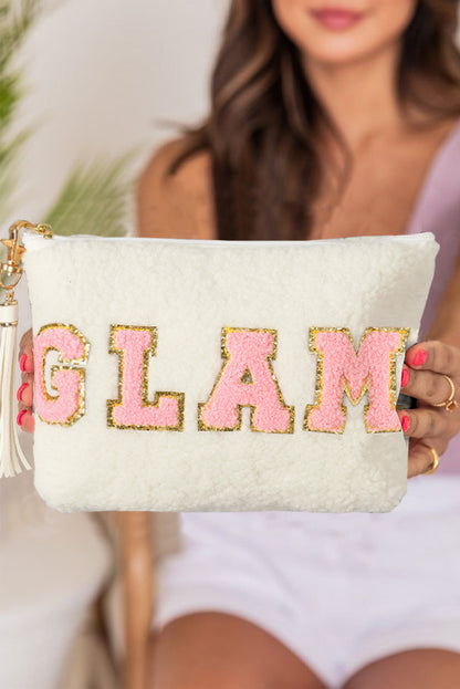 White CALM Letter Pattern Tassel Zipper Makeup Bag