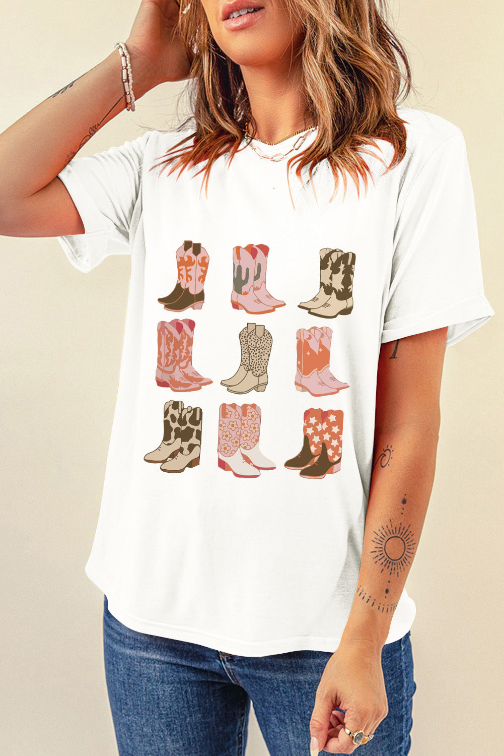Mixed Boots Graphic Round Neck Roll Up Sleeve T Shirt