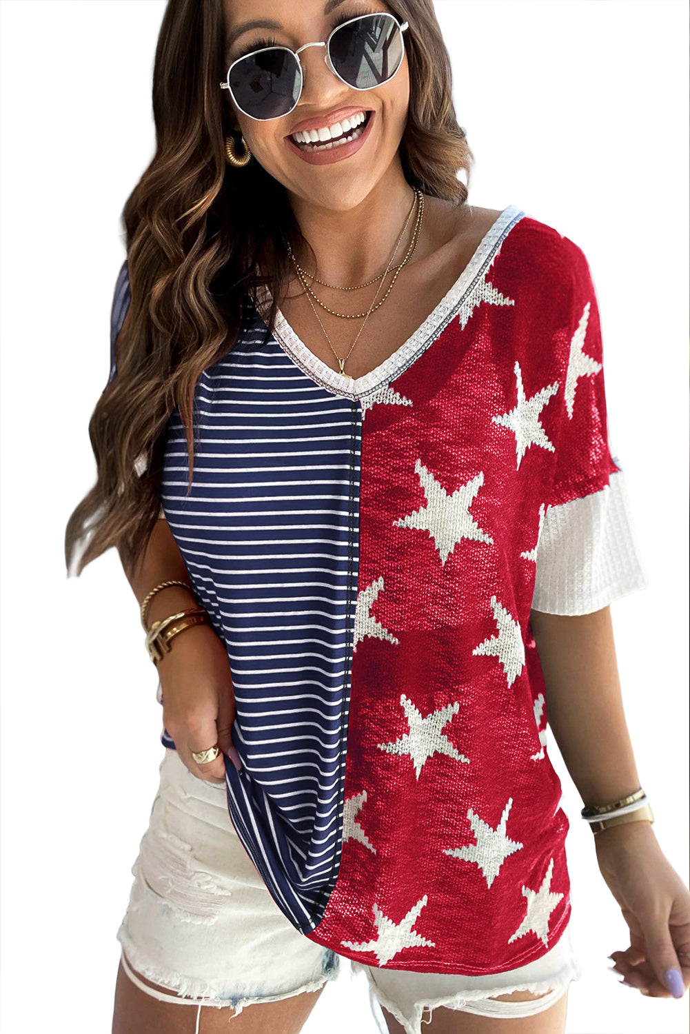 Multicolor Stripes Stars Print Knit Short Sleeve Top