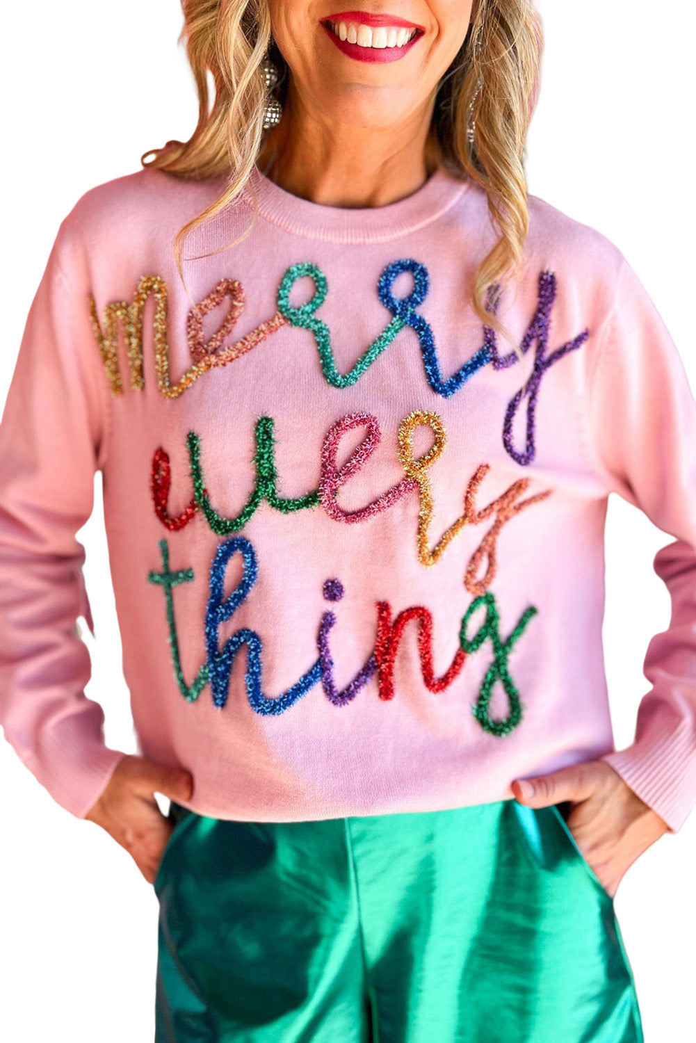 Pink Merry Everything Shiny Letter Pattern Knit Sweater