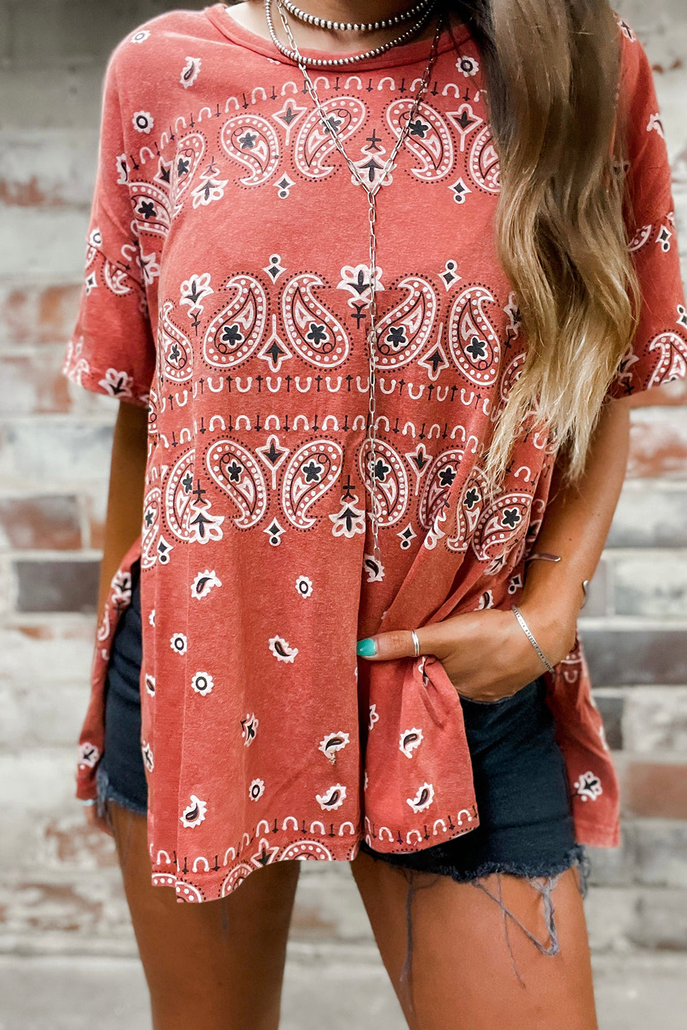 Red Paisley Print Round Neck Split Long T Shirt