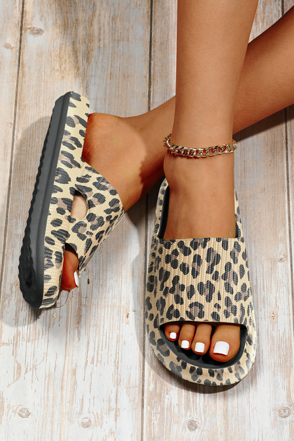 Black Leopard Print Open Toe Thick Flat Slippers