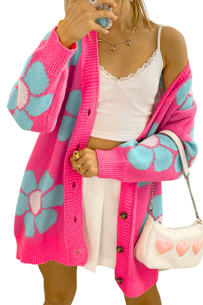 Pink Floral Pattern Drop Shoulder Button Up Cardigan