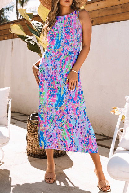 Abstract Print Wrap V Neck Flutter Sleeve Mid Length Summer Dress