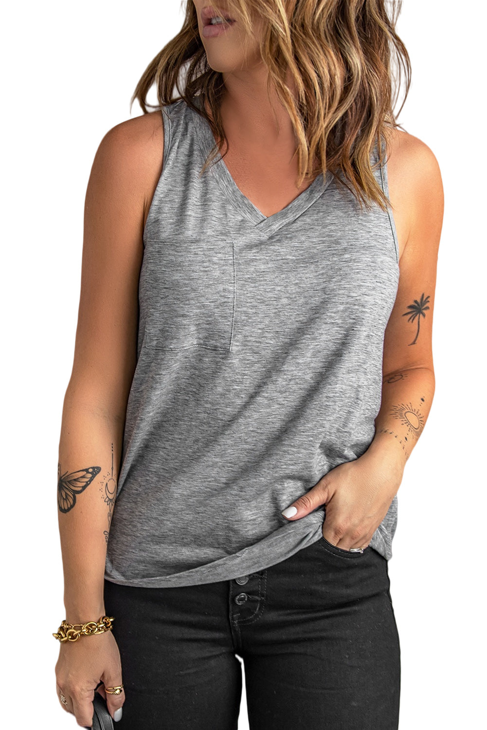 Casual V Neck Racerback Tank Top With Pocket