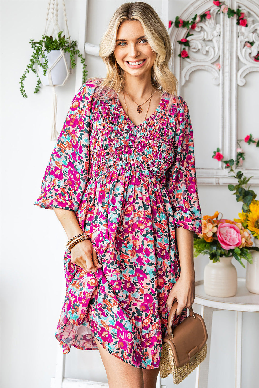 Floral Print Long Sleeve Flounce Hem V Neck Smocked Dress