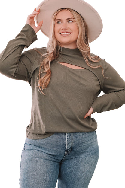 Plus Size Ribbed Mock Neck Peek-A-Boo Cut Out Top