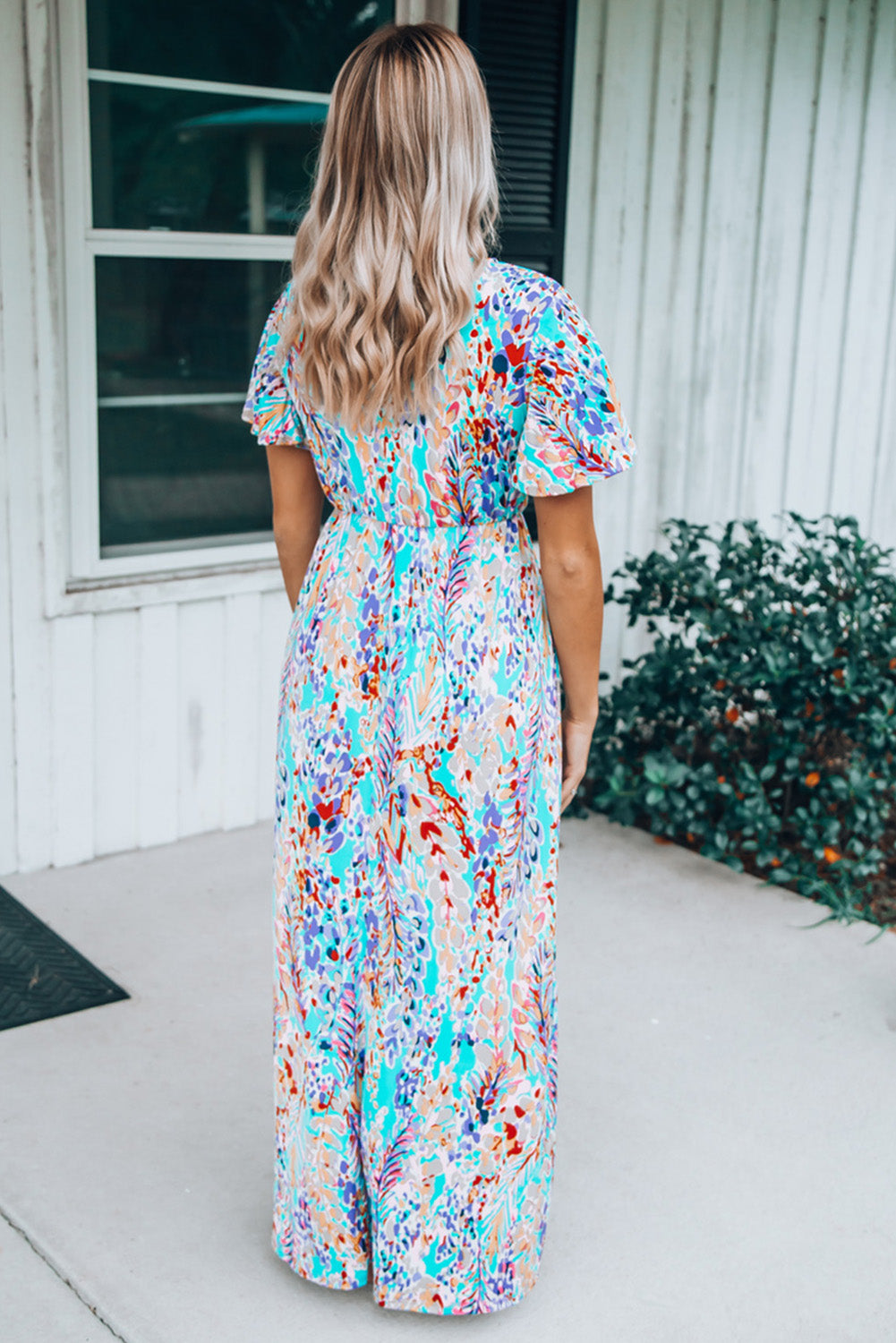 Abstract Botanic Print Wrap V Neck Short Sleeve Maxi Dress