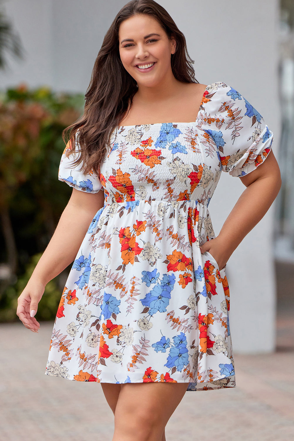 Floral Smocked Flared Plus Size Dress