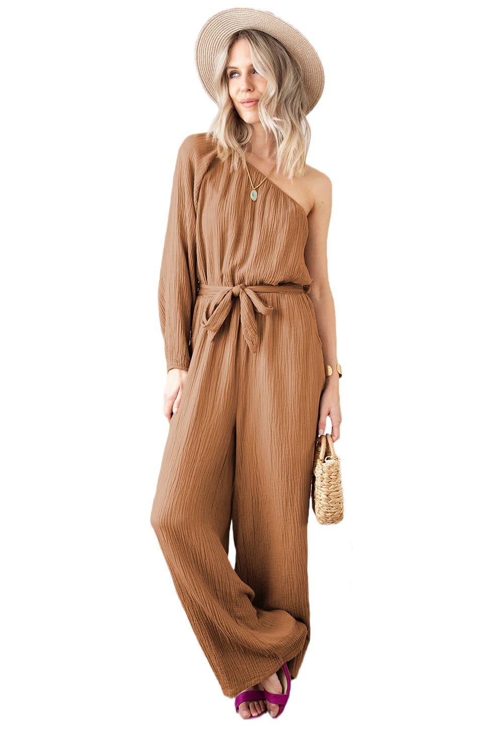 Khaki Crinkled Texture One Shoulder Loose Jumpsuit