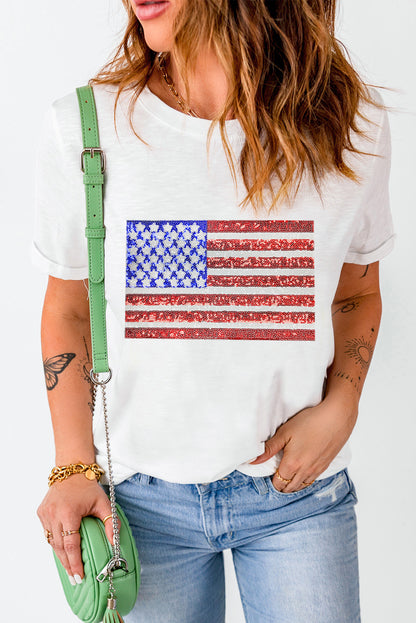 White Shimmery USA Flag Graphic Round Neck Tee