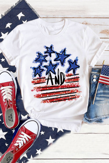 White America Flag Print Stars Stripes Crewneck Graphic T Shirt