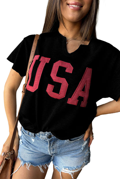 USA Lettering Patch Notched Neck Loose Tee