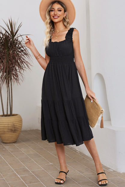 U-Neck Sleeveless Ruched Tiered Ruffled Midi Dress