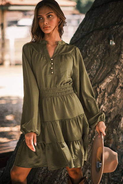 Green Solid Color Notch Neck Tiered Long Sleeve Dress