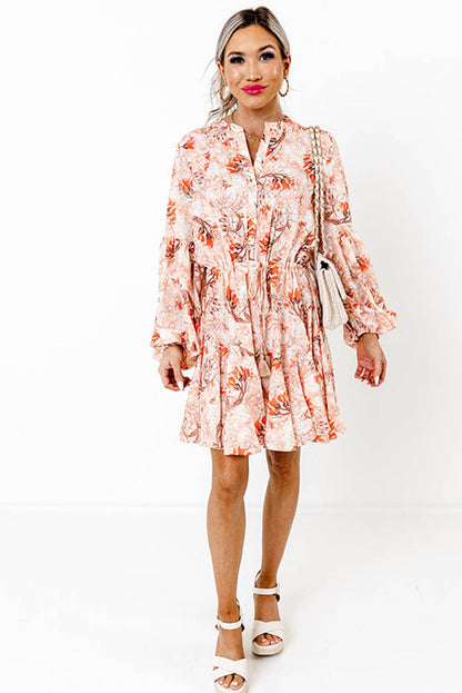 Floral Print Bubble Sleeve Cinched Waist Dress