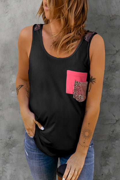 Casual Sequin Pocket Patchwork Leopard Tank Top