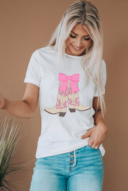 Casual Boots Bow Graphic Round Neck T Shirt