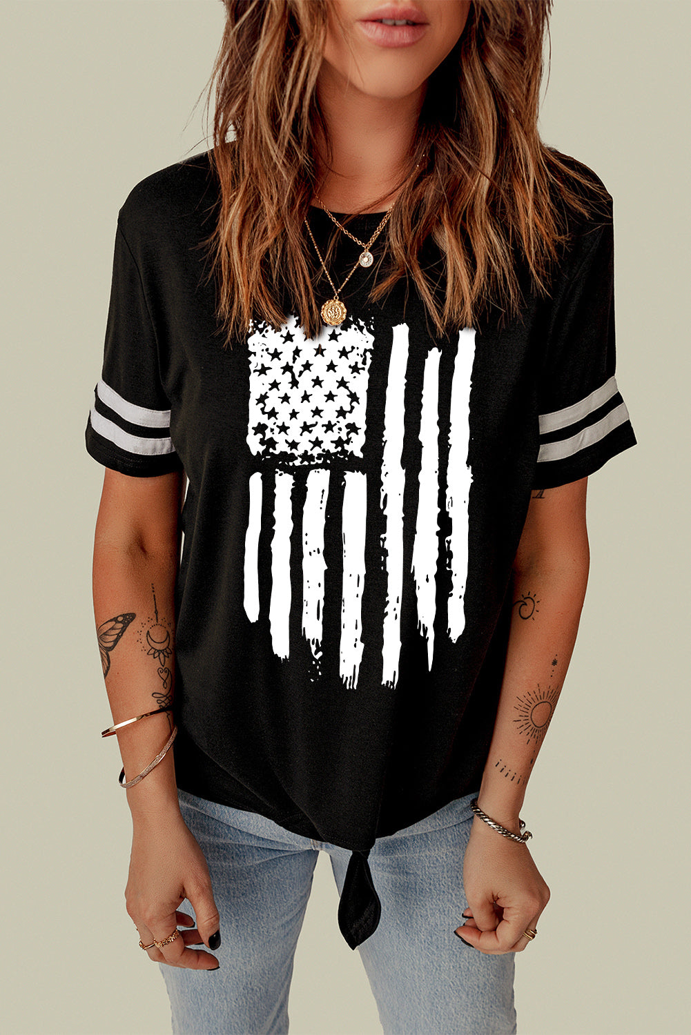 Black American Flag Graphic Striped Sleeve Knot Hem T Shirt