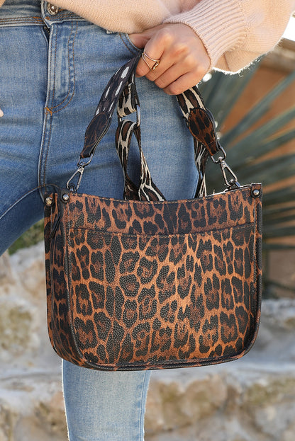 Chestnut Faux Crocodile Leather Leopard Strap Square Bag