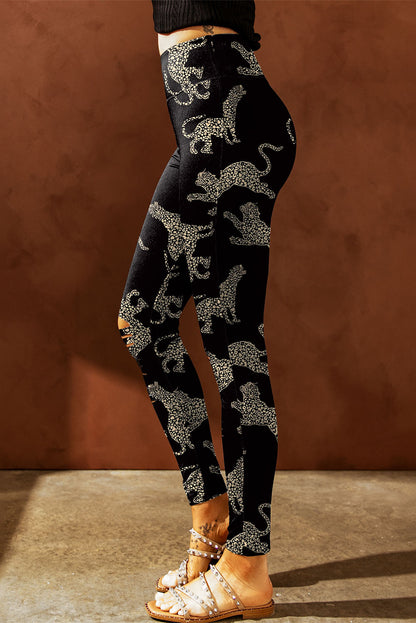 Black Cheetah Print High Rise Ripped Leggings