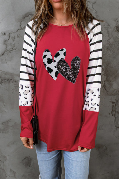 Red Double Heart Patch Contrast Graphic Long Sleeve Top