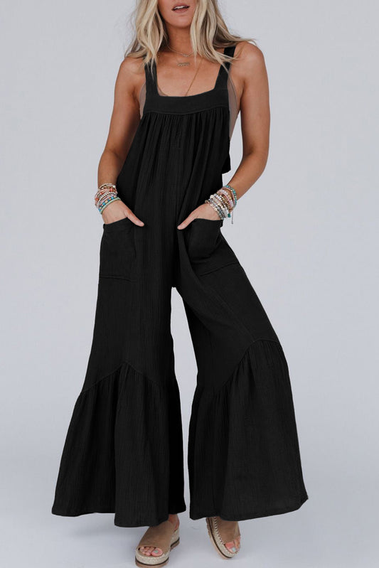 Black Solid Color Pockets Pleated Flare Leg Jumpsuit