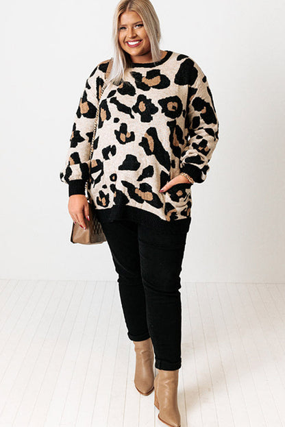 Leopard Ribbed Trim Pocketed Plus Size Sweater