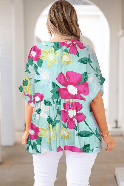 Multicolor Floral Print V Neck Half Sleeve Plus Size Blouse