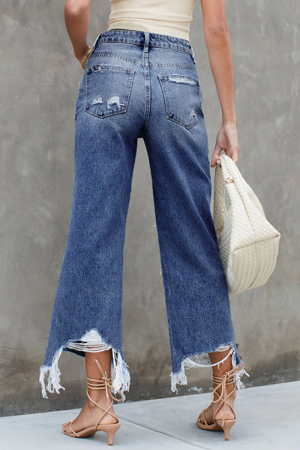 Blue Destroyed Raw Hem Wide Leg Jeans