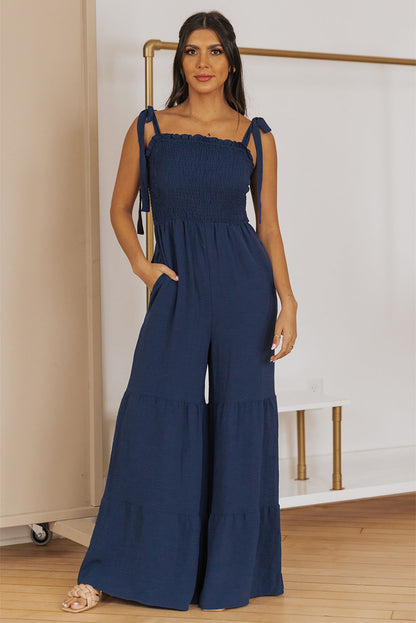 Green Tie Straps Shirred Casual Tiered Wide Leg Jumpsuit