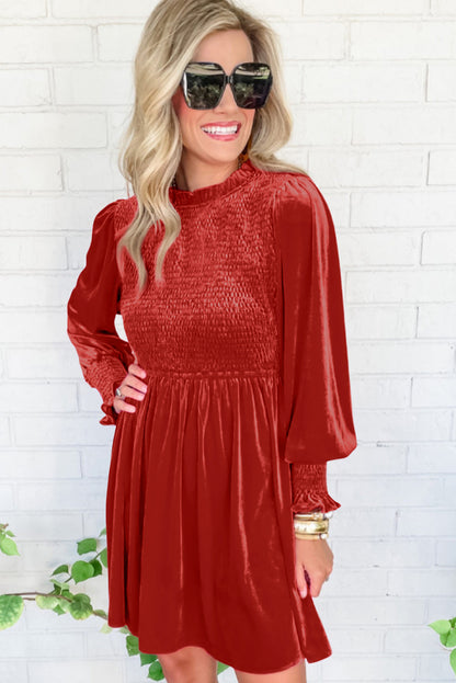 Smocked Lantern Sleeve Frilled Velvet Dress