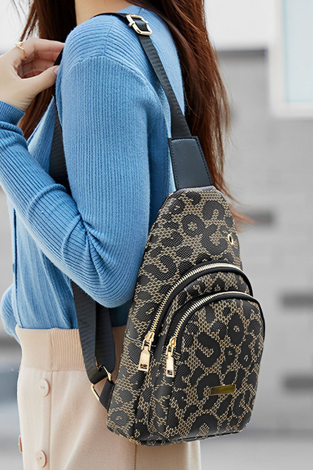 Printed PU Leather Zippered Fanny Pack Sling Bag
