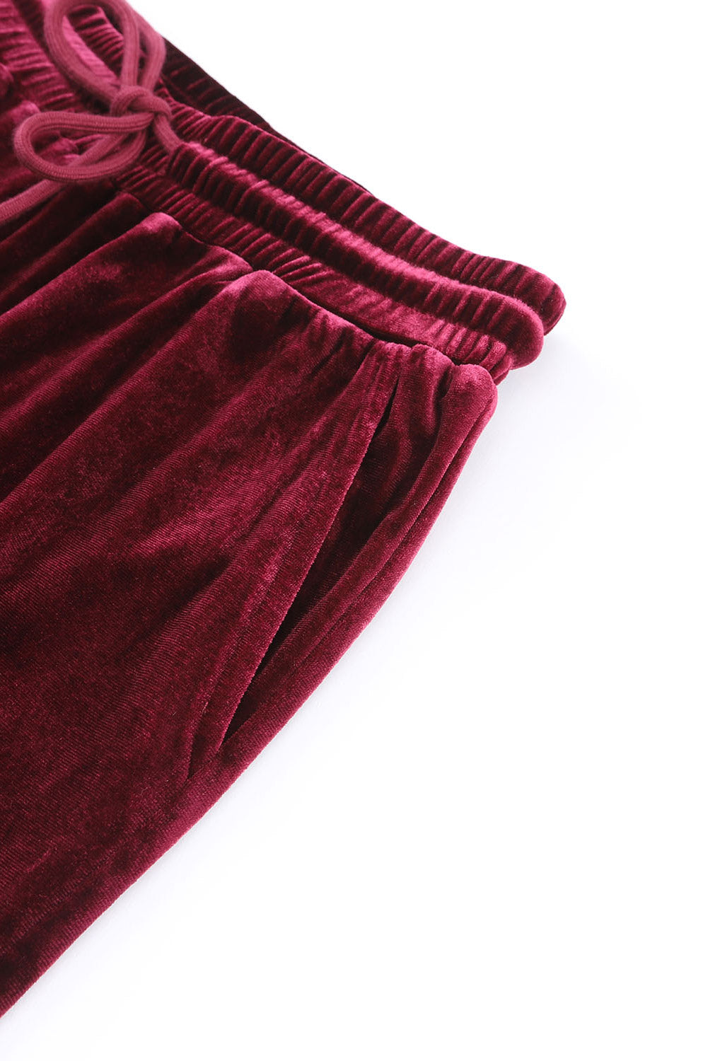 Red Solid Velvet Round Neck Top & Drawstring Pants Longe Set