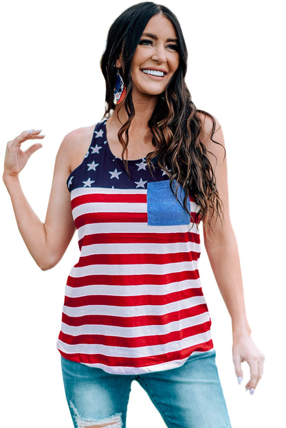 Casual American Flag Stars Stripes Pocket Racerback Tank Top