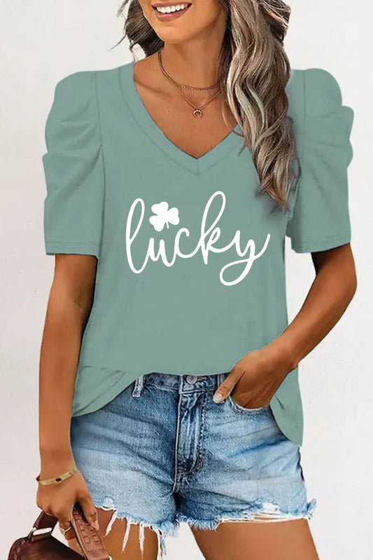 Green Lucky Clover Graphic Puff Sleeve V Neck Tee