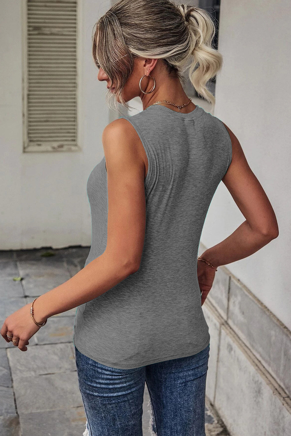 Blue Ribbed Knit Cut Out Twist Front Crew Neck Tank Top