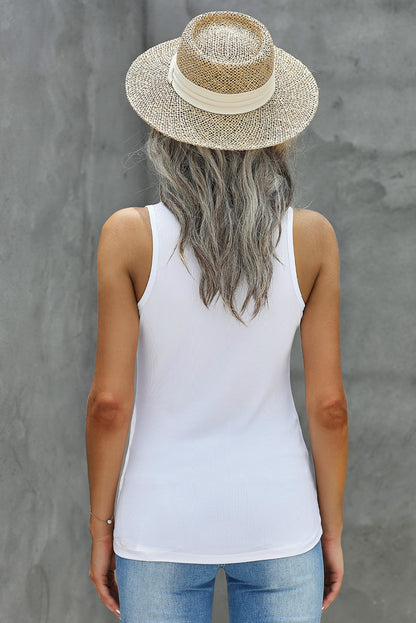 Basic Split Neck Ribbed Knit Tank Top