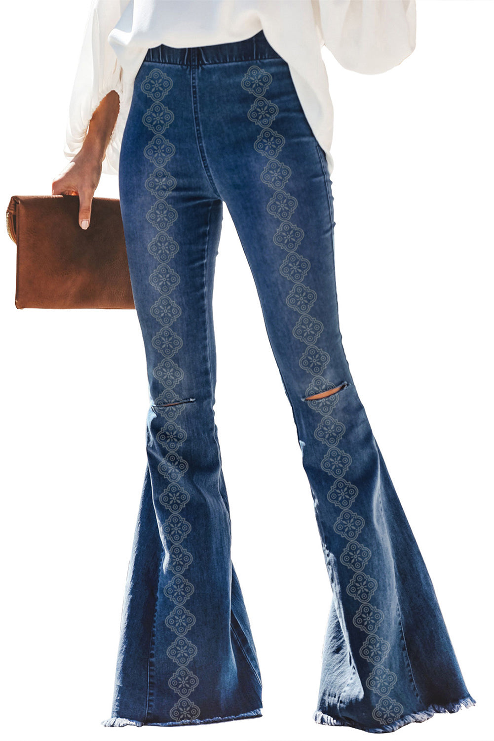 Dark Blue Distressed Raw Hem Bell Bottom Jeans