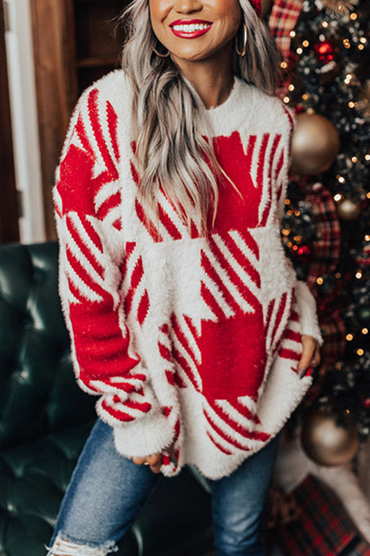 Red & White Fuzzy Check Drop Shoulder Sweater