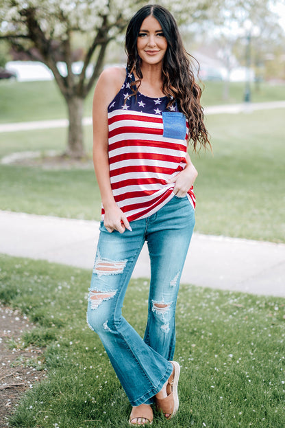 Casual American Flag Stars Stripes Pocket Racerback Tank Top