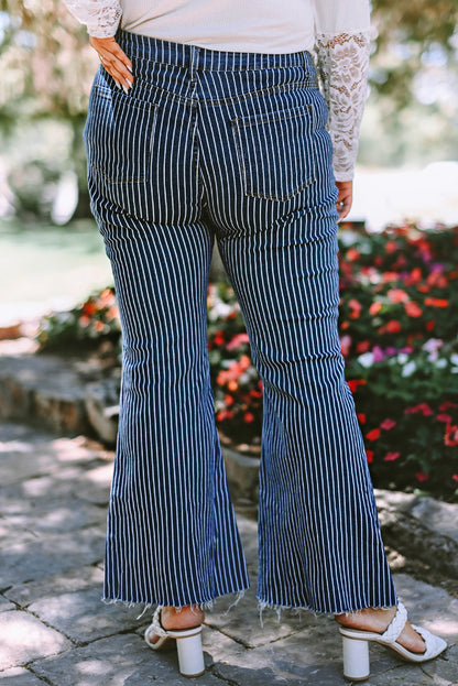 Dark Blue Striped High Waist Flared Plus Size Jeans
