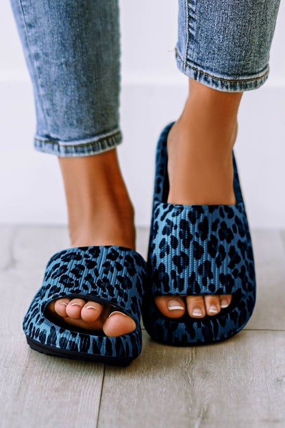 Black Leopard Print Open Toe Thick Flat Slippers