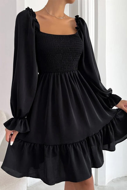 Black Smocked Square Neck Puff Sleeve Ruffle Mini Dress