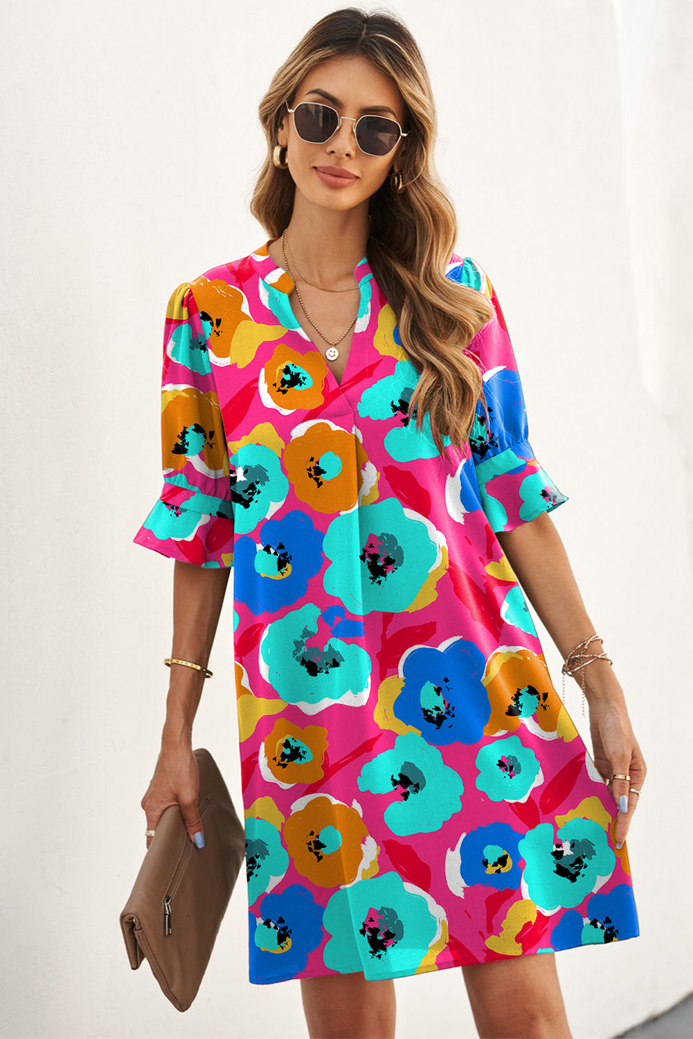 Multicolor Floral Print Casual V Neck Blouse